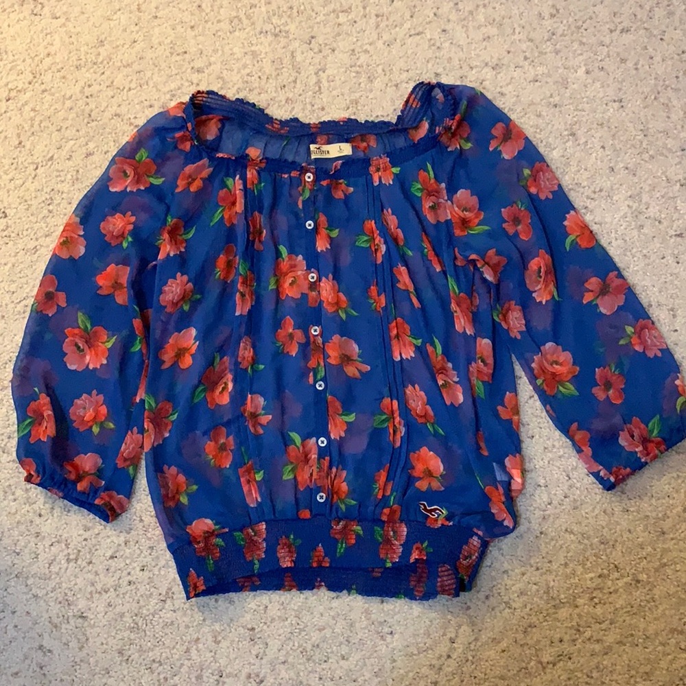 Hollister Blue and Coral Floral Sheer Blouse